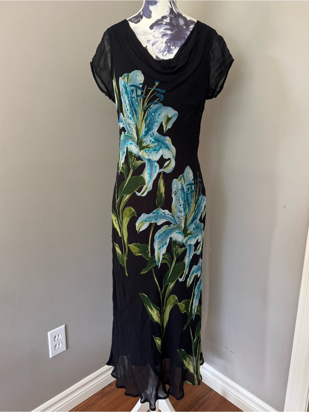 Y2K Jessica Black Maxi Dress with Blue & Green Lily Print